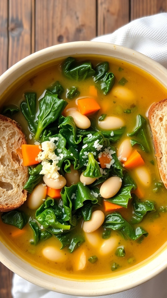 A hearty bowl of kale and white bean soup with carrots and Parmesan cheese on a rustic table with bread.